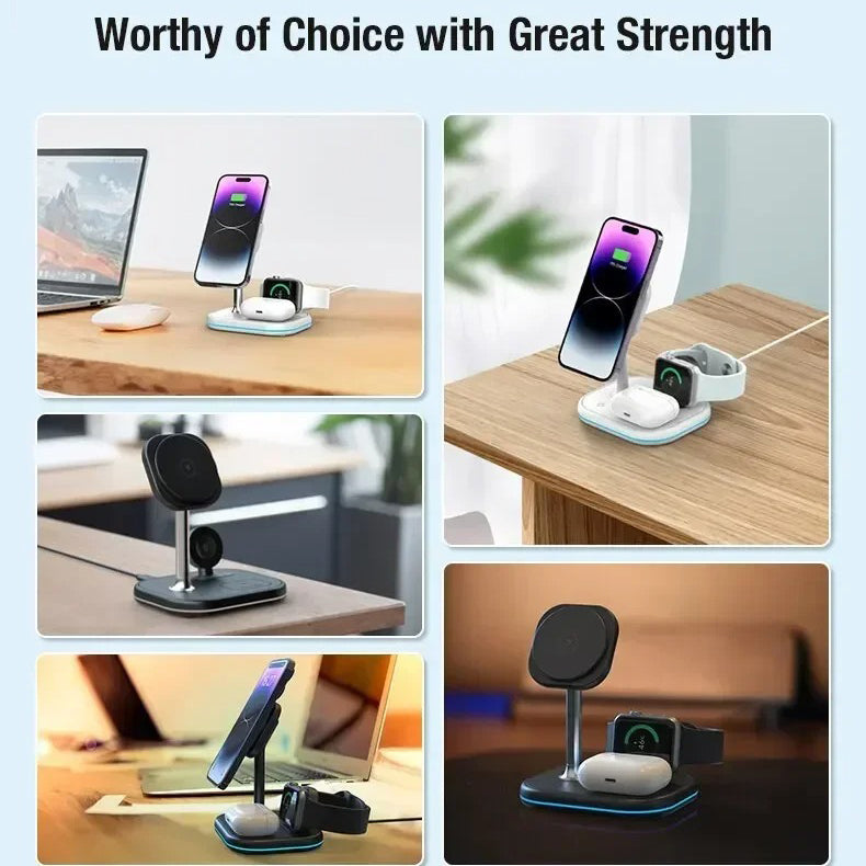 Premium iPhone MagSafe 3-in-1 Magnetic Wireless Charger Stand, Fast Charging Station for Phone, Watch & Earbuds with Type-C Power Input