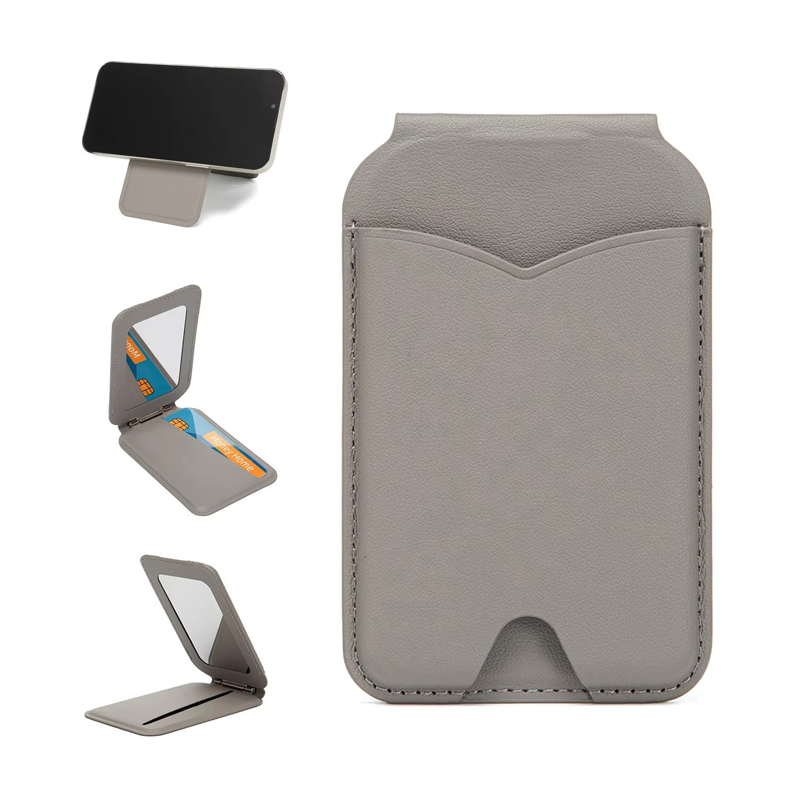 Refined iPhone Magnetic Wallet Stand with Mirror, MagSafe-Compatible PU Leather Card Holder with Adjustable Kickstand Design