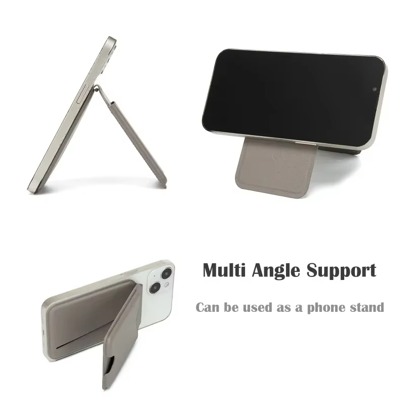 Refined iPhone Magnetic Wallet Stand with Mirror, MagSafe-Compatible PU Leather Card Holder with Adjustable Kickstand Design
