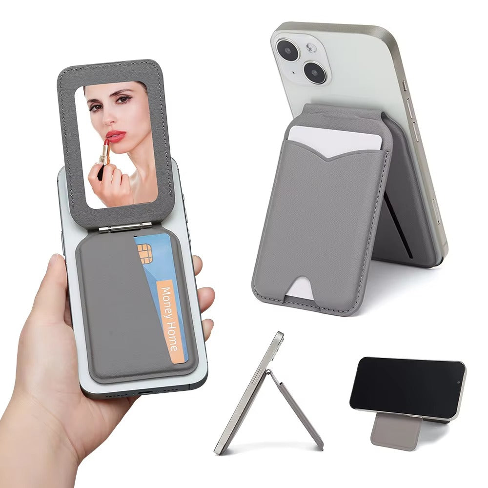 Refined iPhone Magnetic Wallet Stand with Mirror, MagSafe-Compatible PU Leather Card Holder with Adjustable Kickstand Design