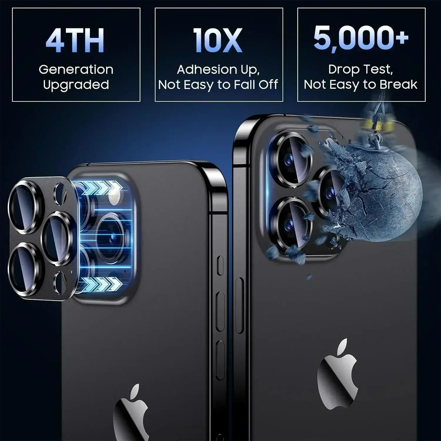 Refined iPhone Titanium Black Camera Lens Protector, Metal Tempered Glass Cover with Full Coverage, Scratch Resistance & Impact Protection