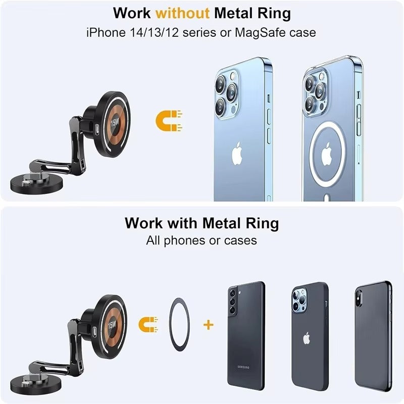 Rugged Magnetic Car Wireless Charger Stand, 15W Fast-Charge Metal Mount with 360° Rotation and Foldable Design