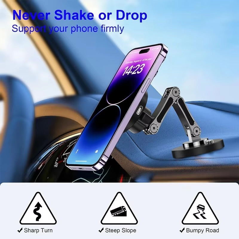 Rugged Magnetic Car Wireless Charger Stand, 15W Fast-Charge Metal Mount with 360° Rotation and Foldable Design