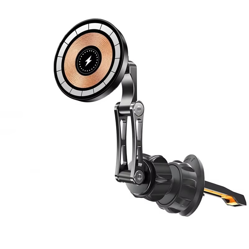 Rugged Magnetic Car Wireless Charger Stand, 15W Fast-Charge Metal Mount with 360° Rotation and Foldable Design