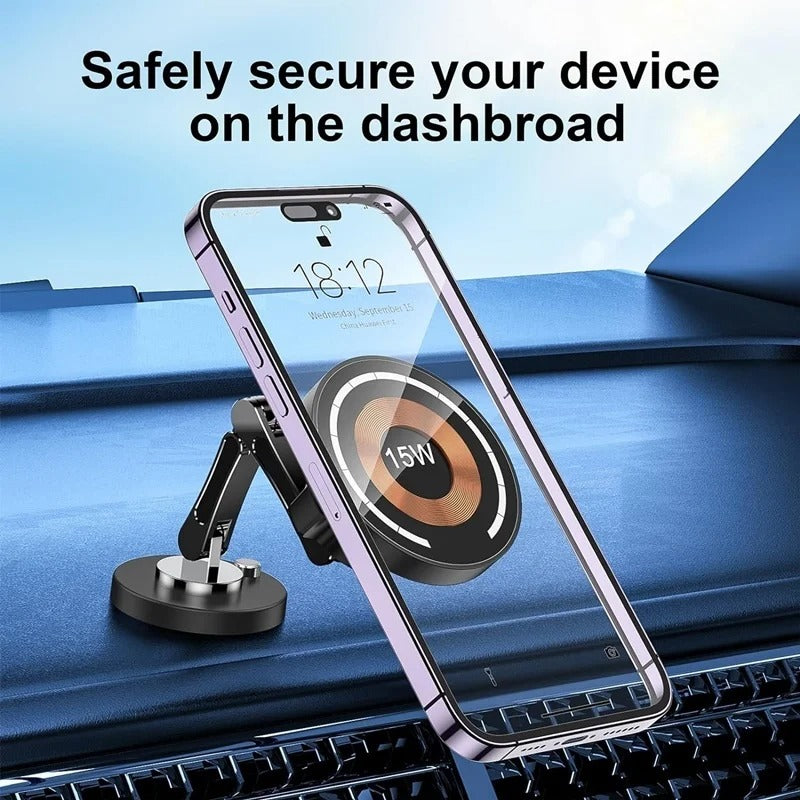 Rugged Magnetic Car Wireless Charger Stand, 15W Fast-Charge Metal Mount with 360° Rotation and Foldable Design