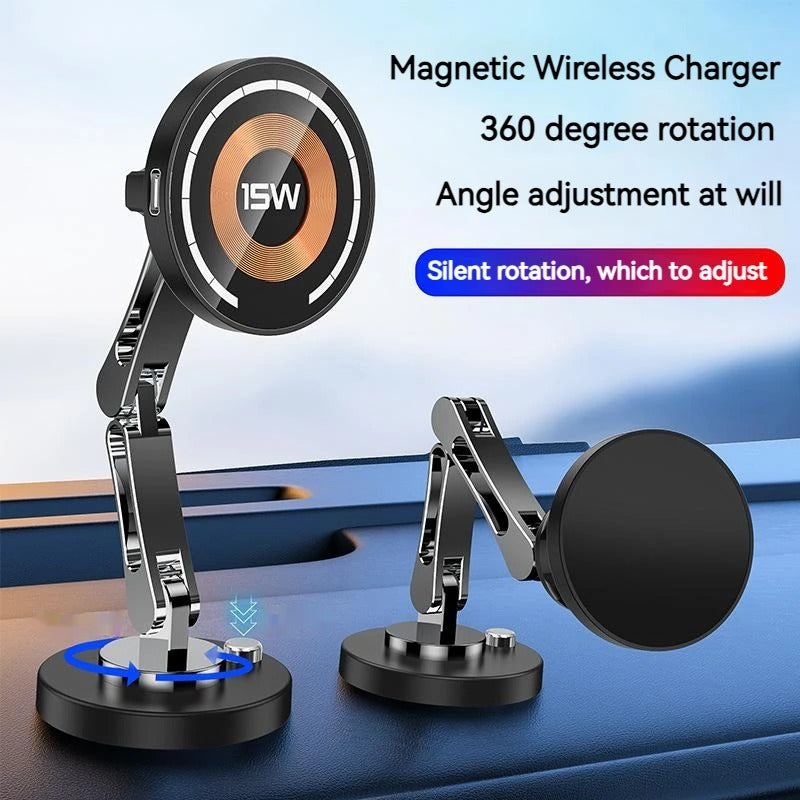 Rugged Magnetic Car Wireless Charger Stand, 15W Fast-Charge Metal Mount with 360° Rotation and Foldable Design