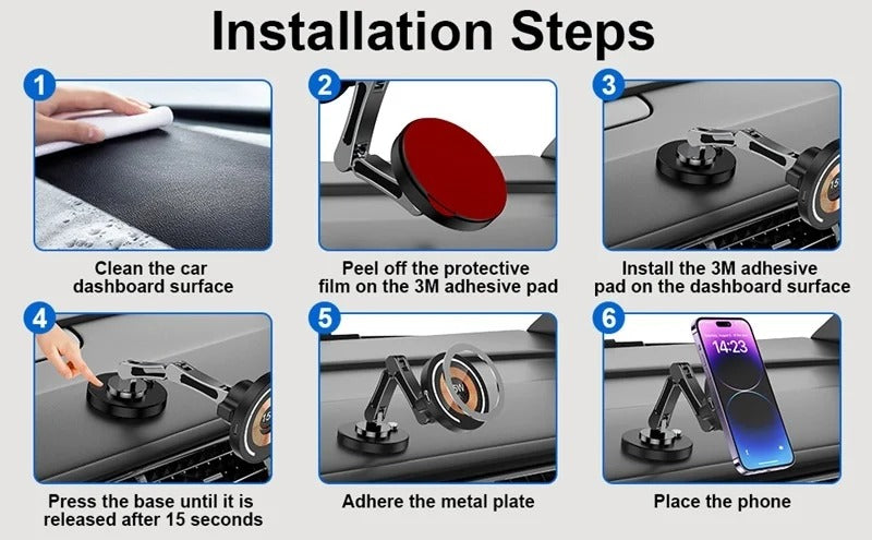 Rugged Magnetic Car Wireless Charger Stand, 15W Fast-Charge Metal Mount with 360° Rotation and Foldable Design