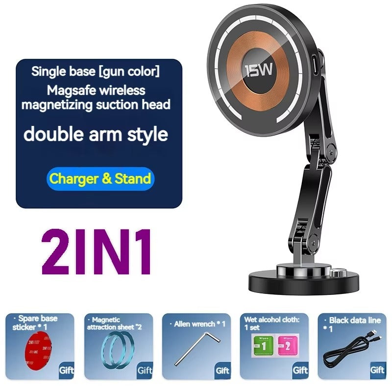 Rugged Magnetic Car Wireless Charger Stand, 15W Fast-Charge Metal Mount with 360° Rotation and Foldable Design