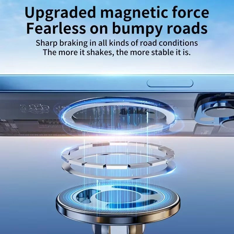 Rugged Magnetic Car Wireless Charger Stand, 15W Fast-Charge Metal Mount with 360° Rotation and Foldable Design