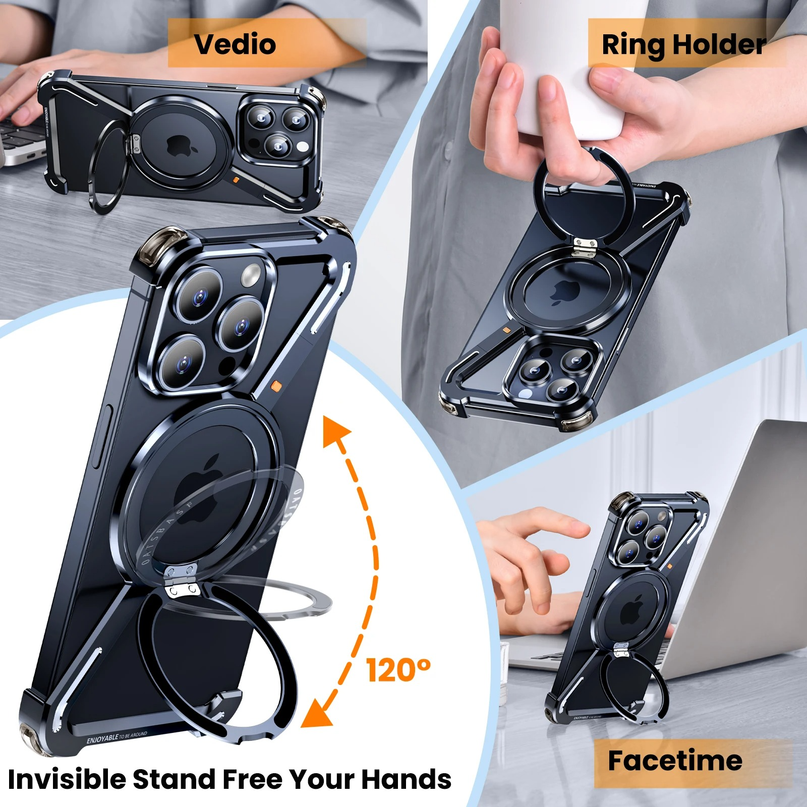 Rugged iPhone Case — Z-Shape Metal Shockproof Bumper with 360° Rotating Ring Holder, Magnetic, Wireless-Charging Compatible, Non-Slip Full Coverage