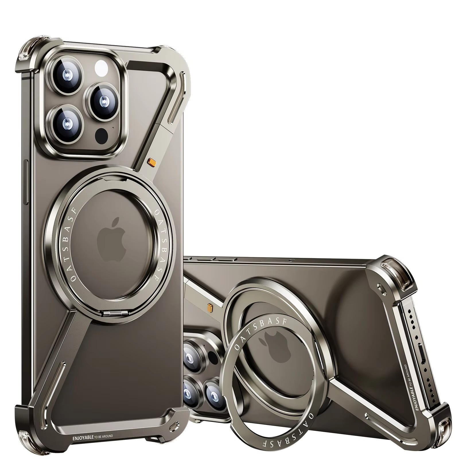 Rugged iPhone Case — Z-Shape Metal Shockproof Bumper with 360° Rotating Ring Holder, Magnetic, Wireless-Charging Compatible, Non-Slip Full Coverage