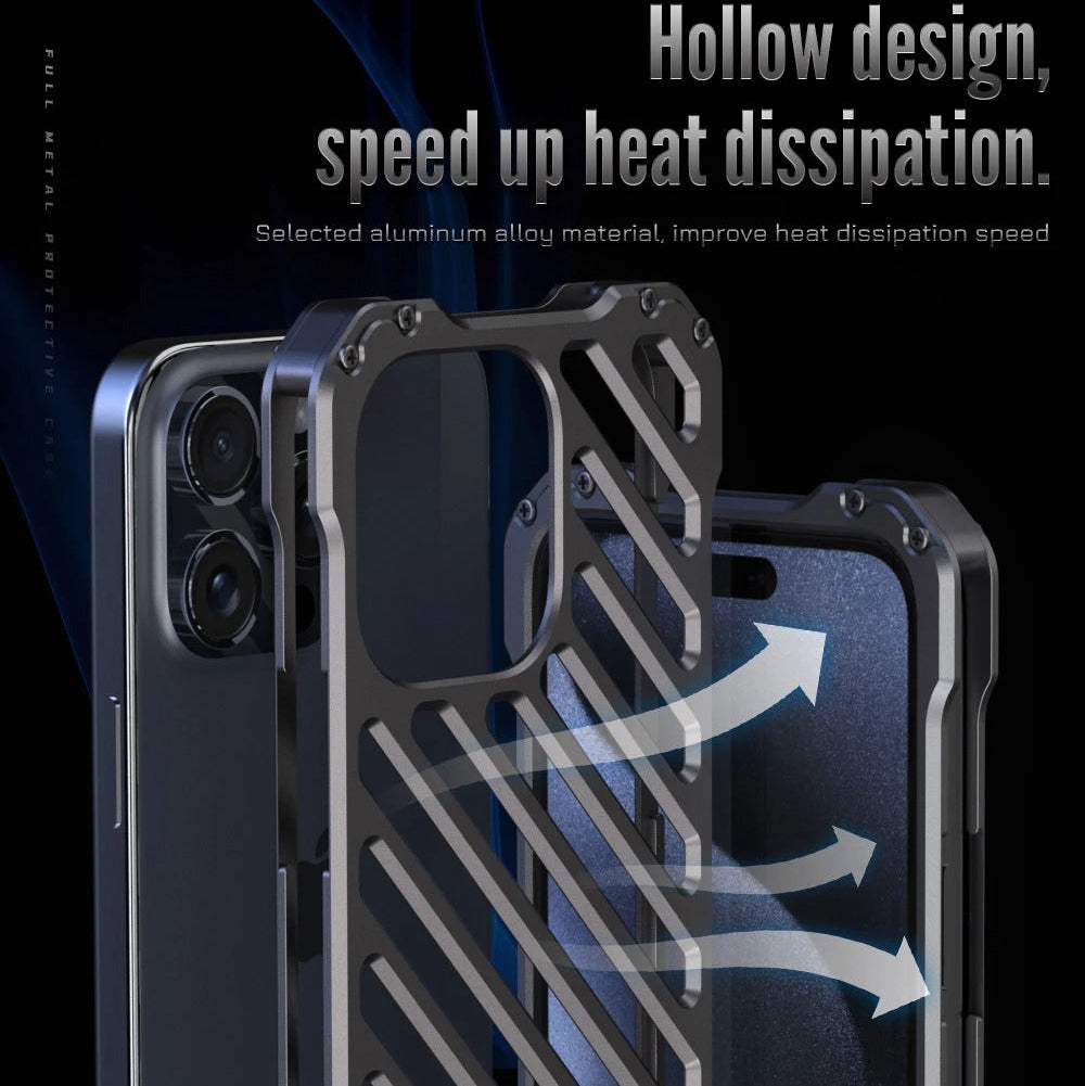 Rugged iPhone Case — Aluminum Alloy Heat-Dissipation Armor Cover with Shockproof Heavy-Duty Full-Coverage Metal Design