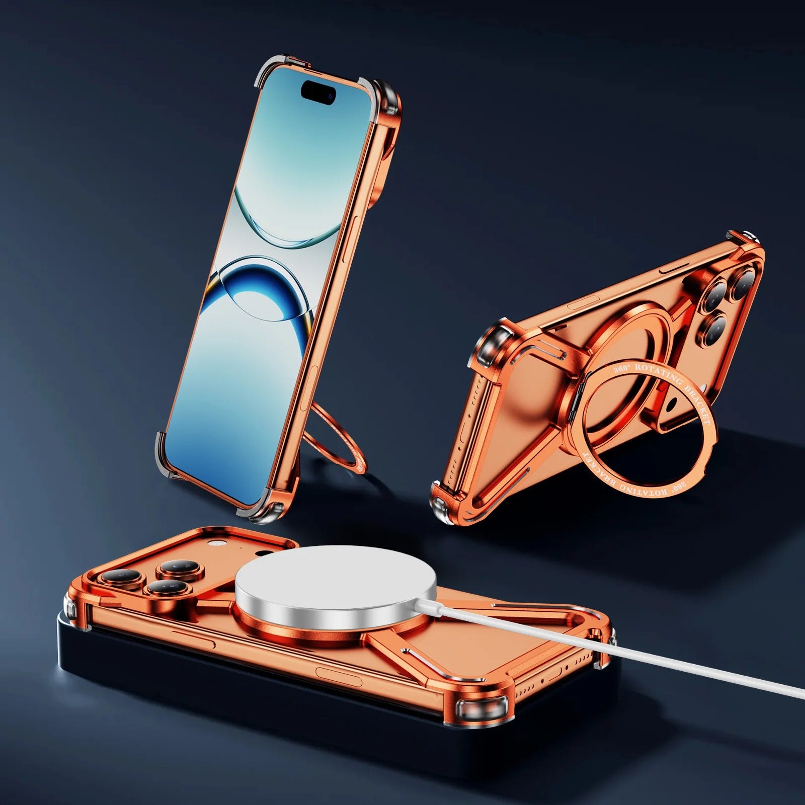 Rugged iPhone Case — Aluminum Alloy Metal Bumper Cover with 360° Rotating Magnetic Kickstand, Airbag Anti-Drop Protection and Durable Shockproof Design