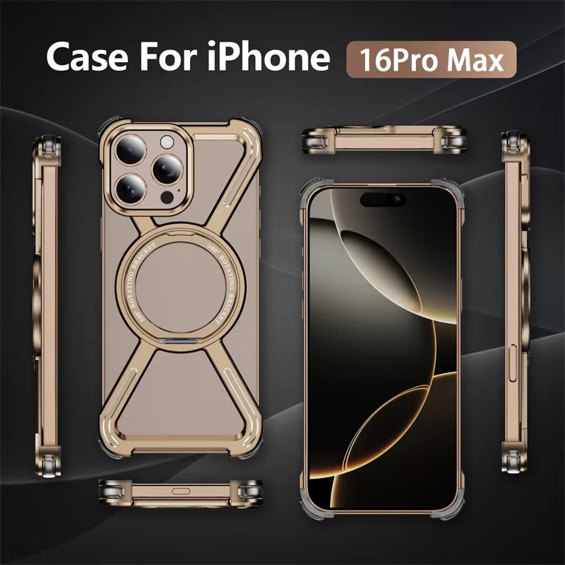 Rugged iPhone Case — Aluminum Alloy Metal Bumper Cover with 360° Rotating Magnetic Kickstand, Airbag Anti-Drop Protection and Durable Shockproof Design