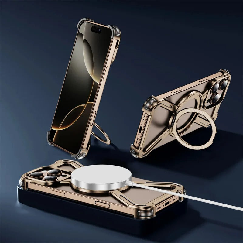 Rugged iPhone Case — Aluminum Alloy Metal Bumper Cover with 360° Rotating Magnetic Kickstand, Airbag Anti-Drop Protection and Durable Shockproof Design