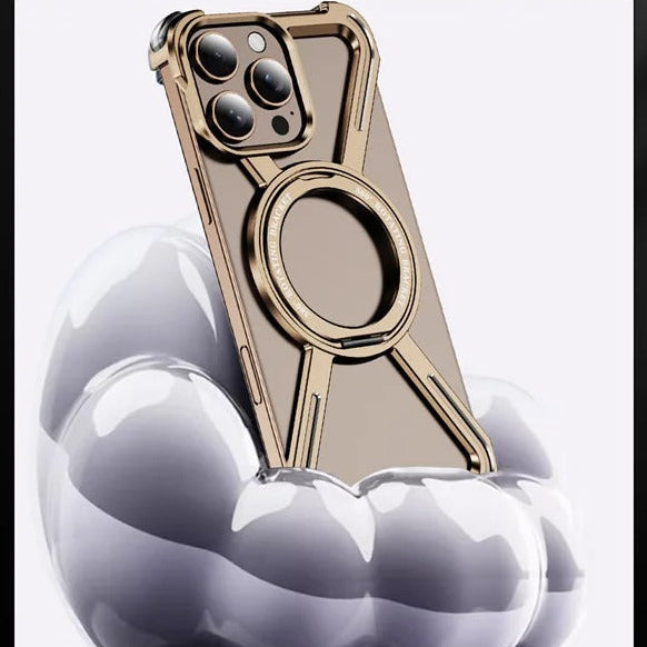 Rugged iPhone Case — Aluminum Alloy Metal Bumper Cover with 360° Rotating Magnetic Kickstand, Airbag Anti-Drop Protection and Durable Shockproof Design