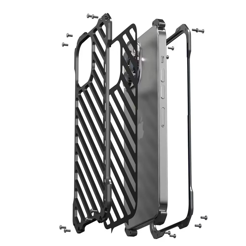 Rugged iPhone Case — Aluminum Armor Bumper with 3D Camera Lens Protective Frame, Shockproof Metal Gear Design & Transparent Hard Cover