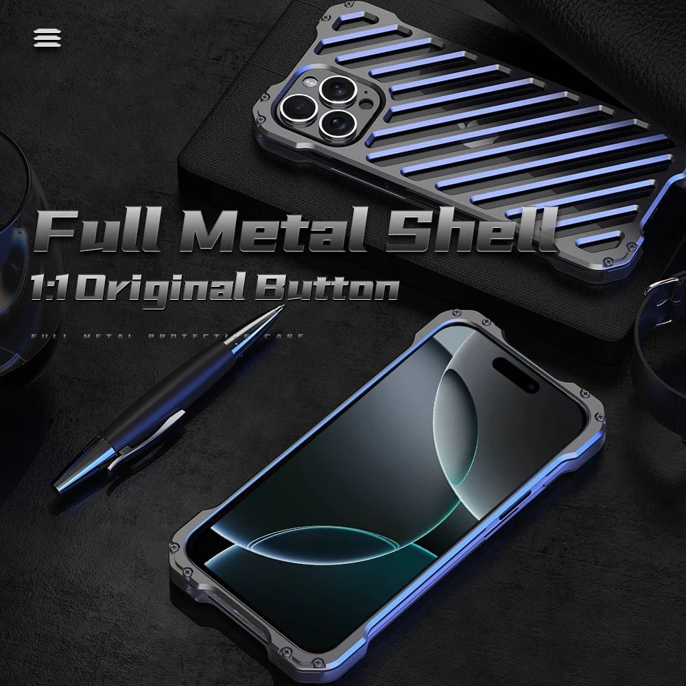 Rugged iPhone Case — Aluminum Armor Bumper with 3D Camera Lens Protective Frame, Shockproof Metal Gear Design & Transparent Hard Cover