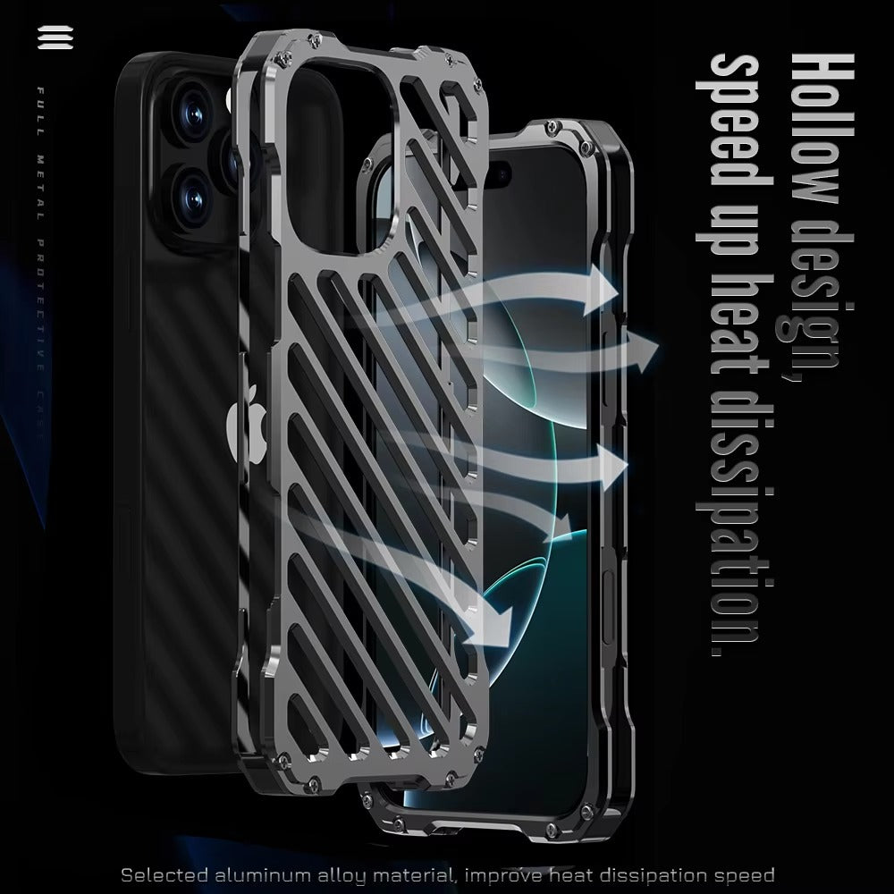 Rugged iPhone Case — Aluminum Armor Bumper with 3D Camera Lens Protective Frame, Shockproof Metal Gear Design & Transparent Hard Cover