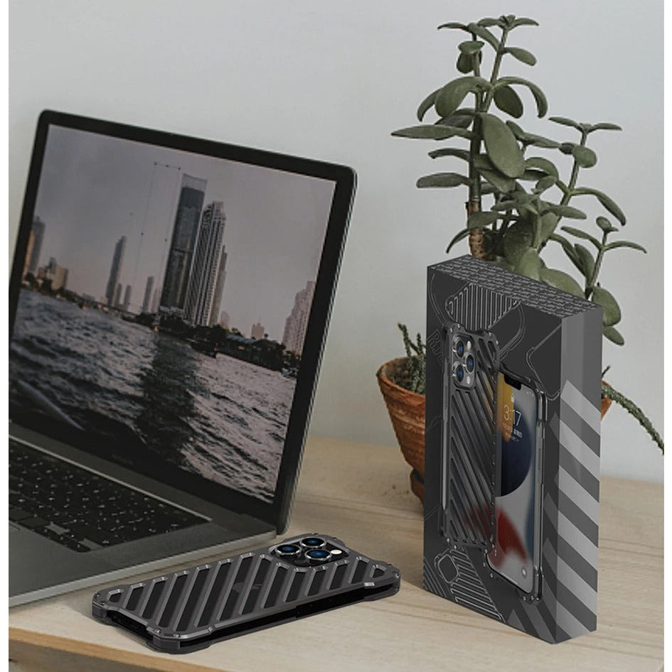 Rugged iPhone Case — Aluminum Armor Bumper with 3D Camera Lens Protective Frame, Shockproof Metal Gear Design & Transparent Hard Cover