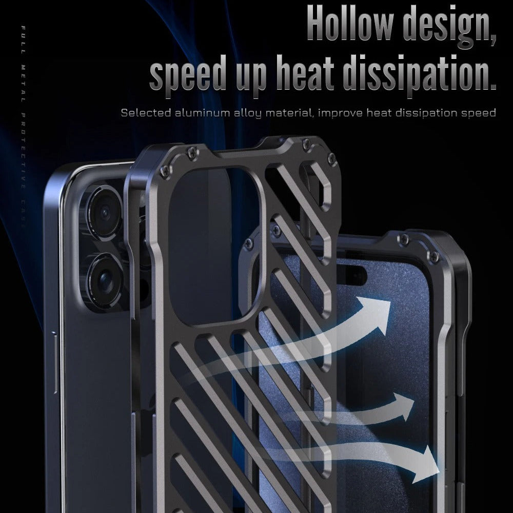 Rugged iPhone Case — Aluminum Armor Bumper with 3D Camera Lens Protective Frame, Shockproof Metal Gear Design & Transparent Hard Cover