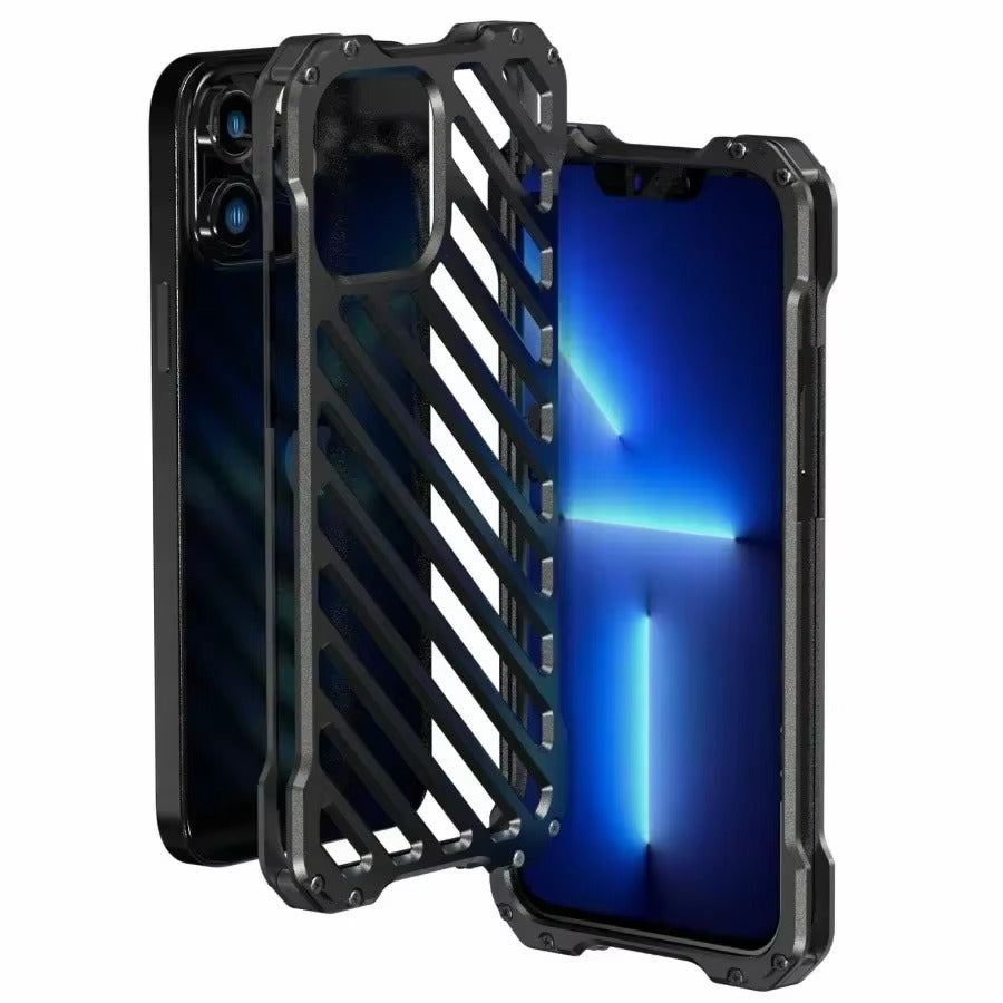 Rugged iPhone Case — Aluminum Armor Bumper with 3D Camera Lens Protective Frame, Shockproof Metal Gear Design & Transparent Hard Cover