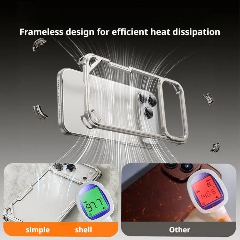 Rugged iPhone Case — Aviation Aluminum Frameless Metal Bumper with Heat-Dissipation Shell, Shockproof Drop-Resistant Protection & Lightweight Open-Frame Design