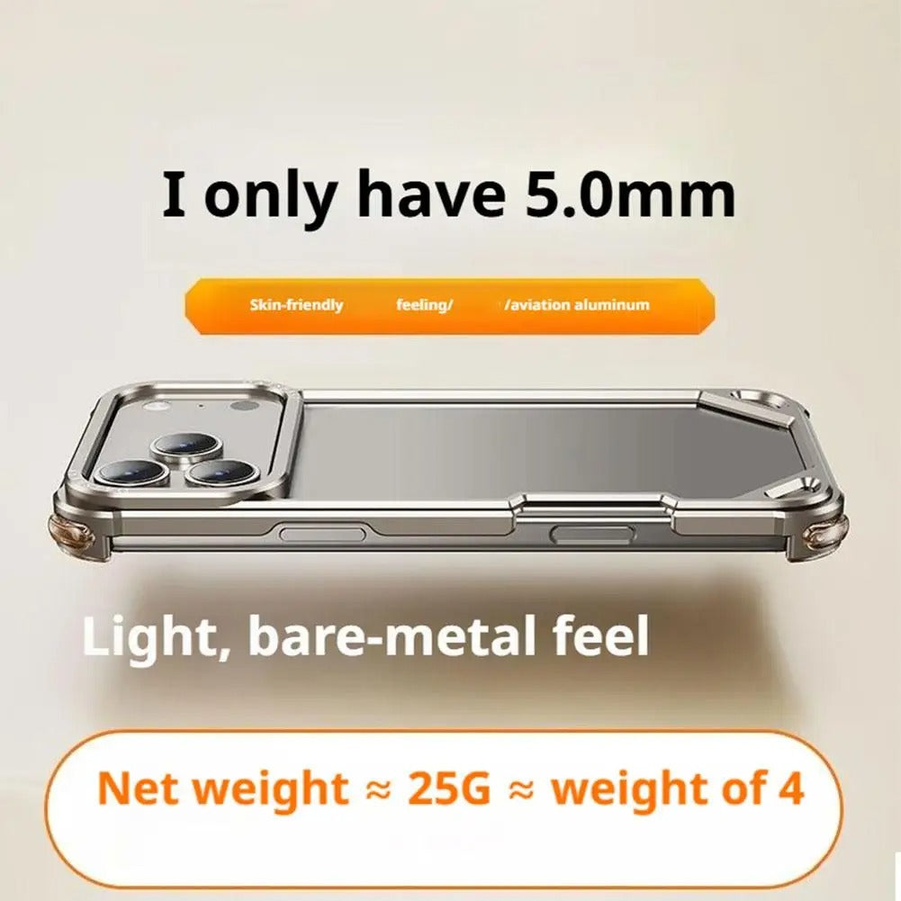 Rugged iPhone Case — Aviation Aluminum Frameless Metal Bumper with Heat-Dissipation Shell, Shockproof Drop-Resistant Protection & Lightweight Open-Frame Design