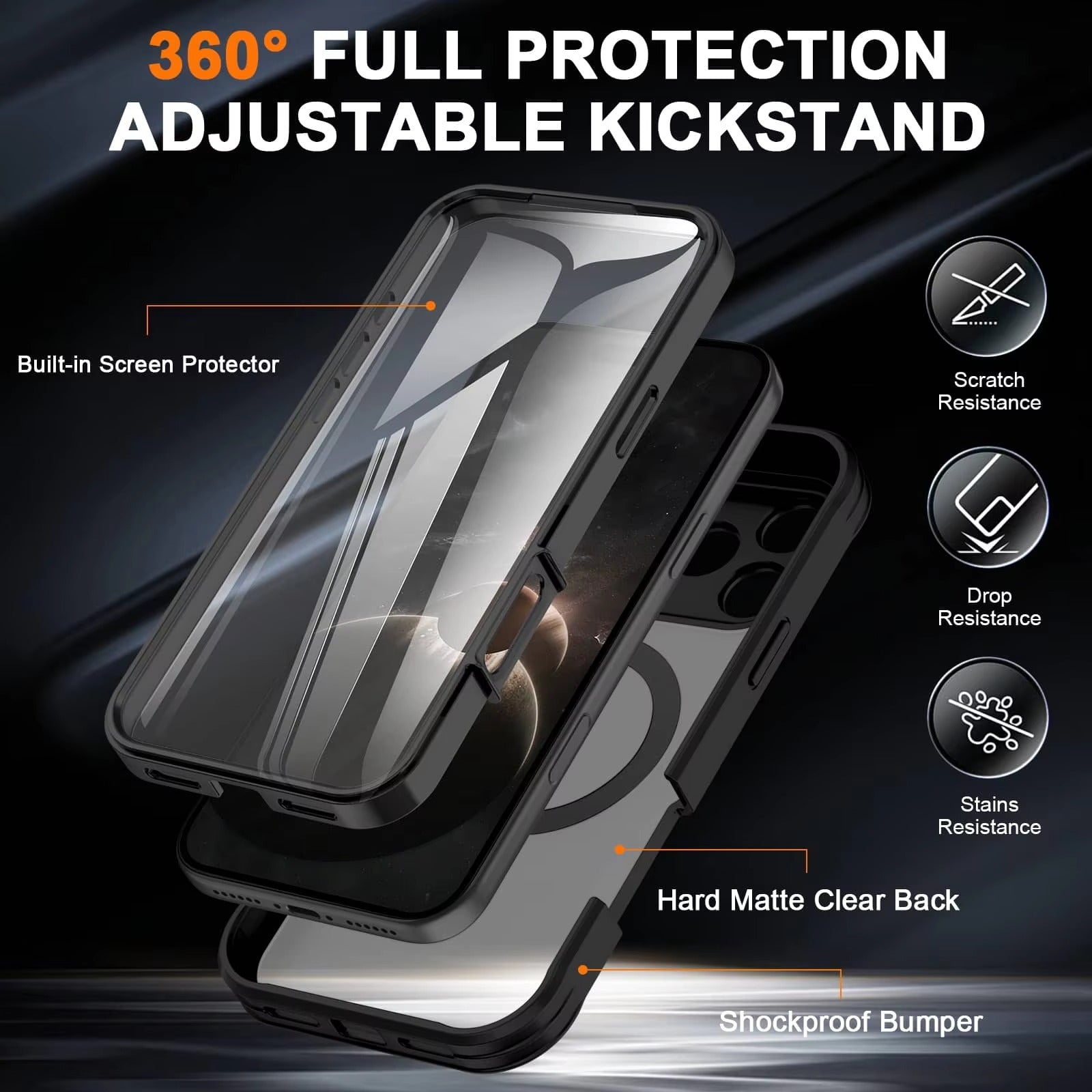 Rugged iPhone Case — Full-Body Shockproof PC+TPU Cover with Built-In Screen Protector, Invisible Magnetic Stand, Anti-Fingerprint Anti-Scratch Design