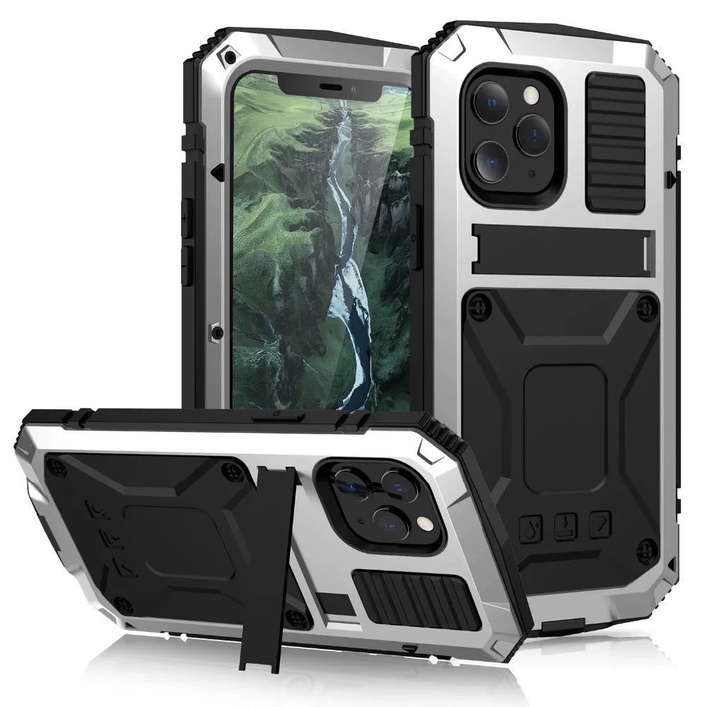 Rugged iPhone Case — Heavy-Duty Aluminum Armor Cover with Shockproof Bumper Design, Screen Guard Protection and Dustproof Anti-Fingerprint Finish
