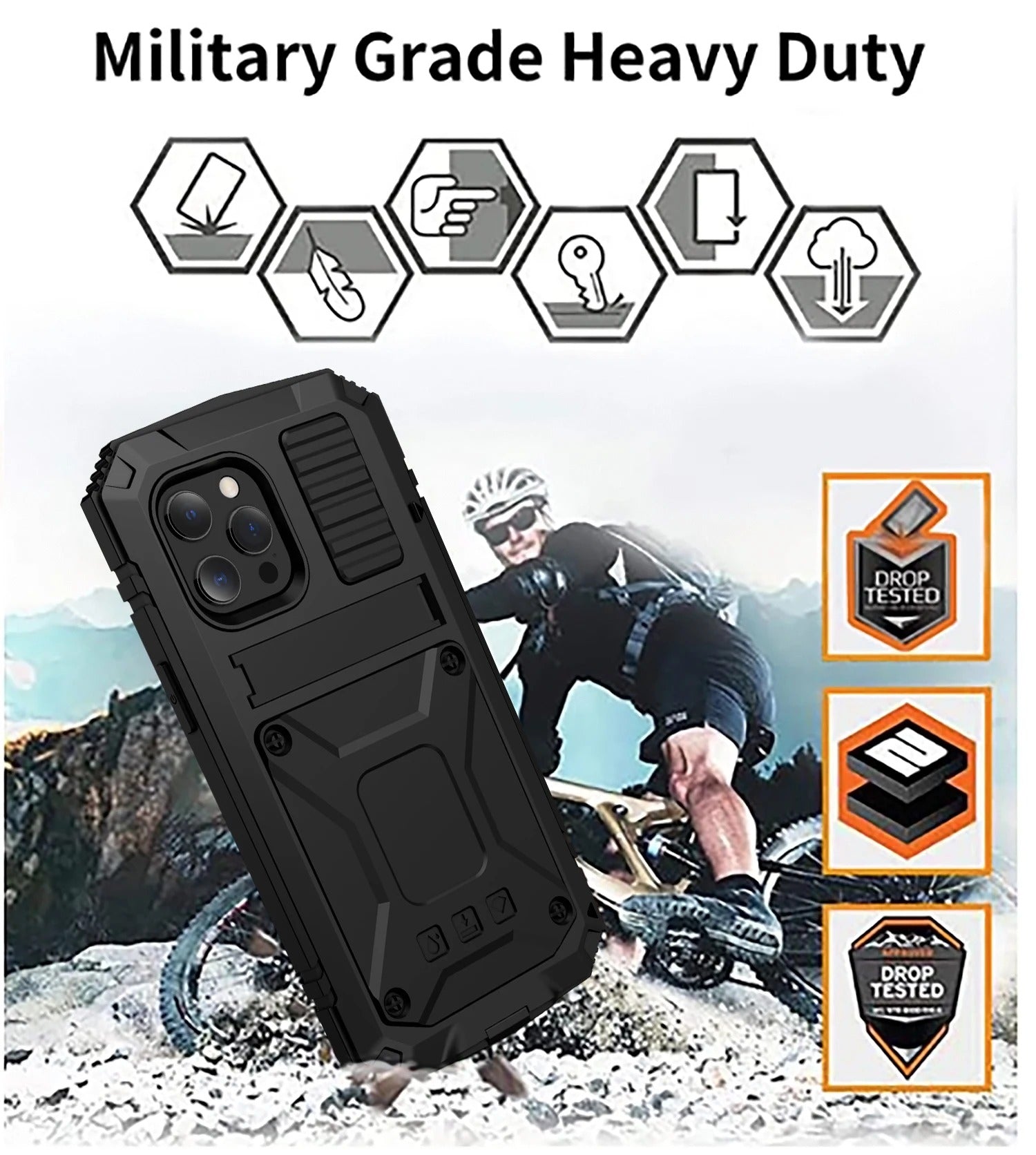 Rugged iPhone Case — Heavy-Duty Aluminum Armor Cover with Shockproof Bumper Design, Screen Guard Protection and Dustproof Anti-Fingerprint Finish