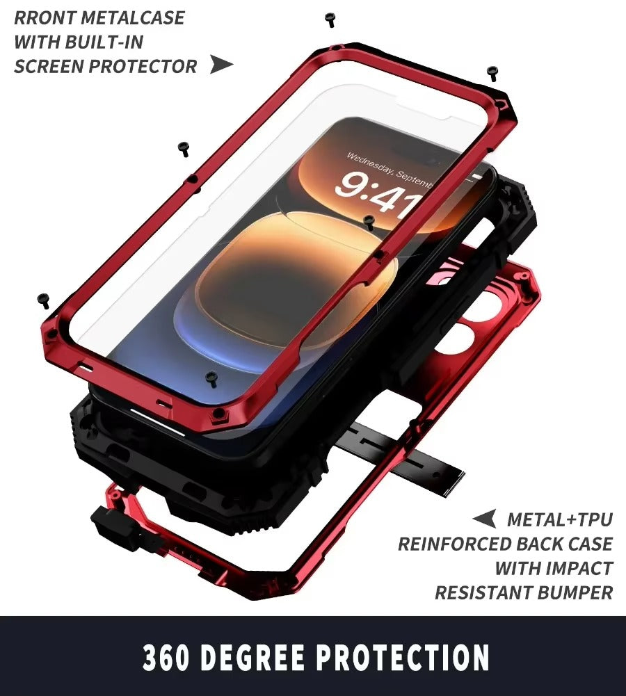 Rugged iPhone Case — Heavy-Duty Aluminum Armor Cover with Shockproof Bumper Design, Screen Guard Protection and Dustproof Anti-Fingerprint Finish
