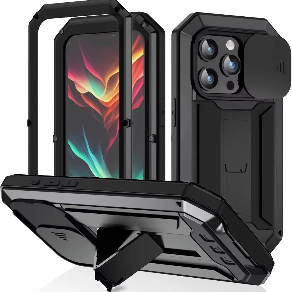 Rugged iPhone Case — Heavy-Duty Aluminum Metal Cover with Built-In Tempered Glass Screen Protector, Military-Grade Shockproof Design and Dustproof Anti-Fingerprint Protection