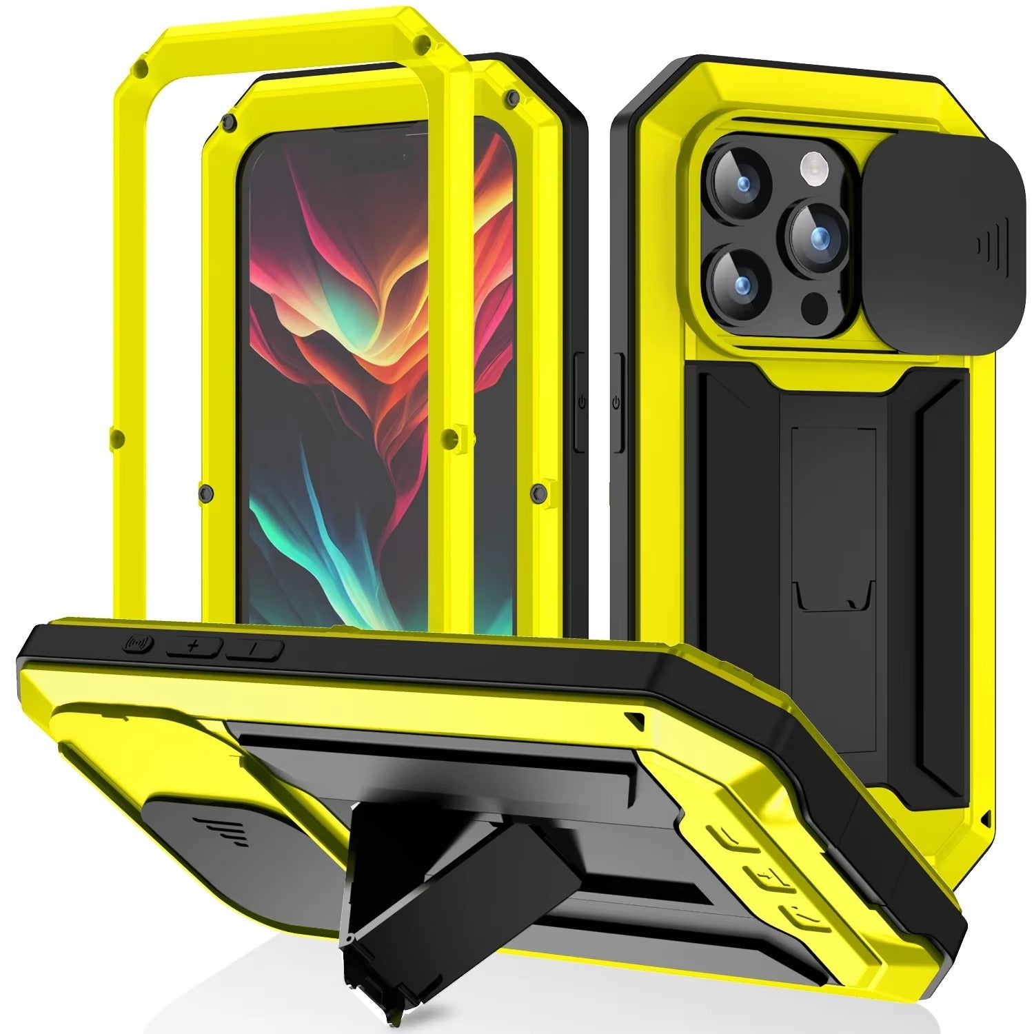 Rugged iPhone Case — Heavy-Duty Aluminum Metal Full-Body Cover with Tempered Glass Screen & Lens Slider, Shockproof Dual-Layer Protection and Multi-Angle Kickstand