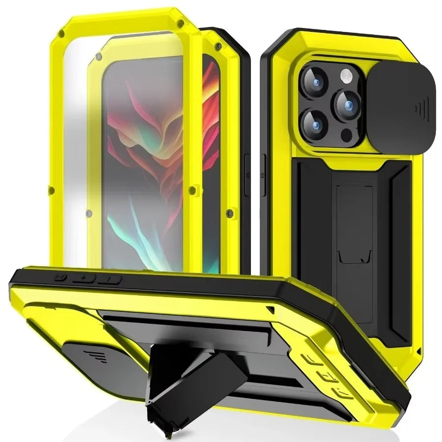 Rugged iPhone Case — Heavy-Duty Aluminum Metal Full-Body Cover with Tempered Glass Screen & Lens Slider, Shockproof Dual-Layer Protection and Multi-Angle Kickstand