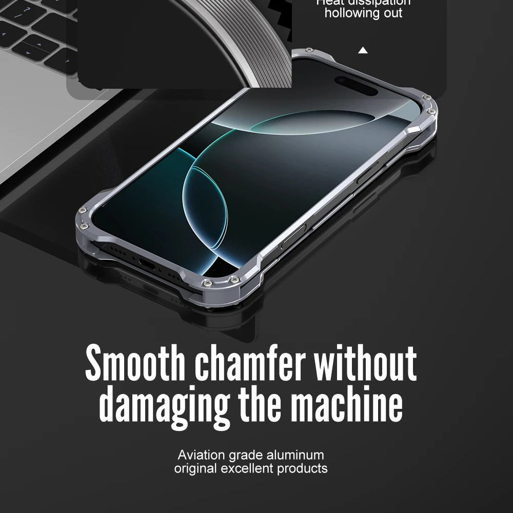 Rugged iPhone Case — Heavy-Duty Aluminum + Carbon Fiber Bumper Cover with Shockproof Design, Magnetic Heat-Dissipation Build and Lens Protector