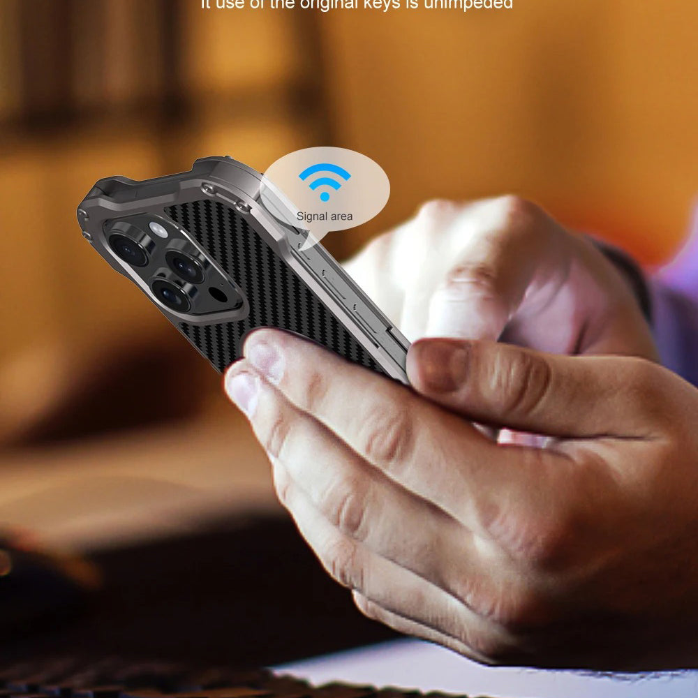 Rugged iPhone Case — Heavy-Duty Aluminum + Carbon Fiber Bumper Cover with Shockproof Design, Magnetic Heat-Dissipation Build and Lens Protector