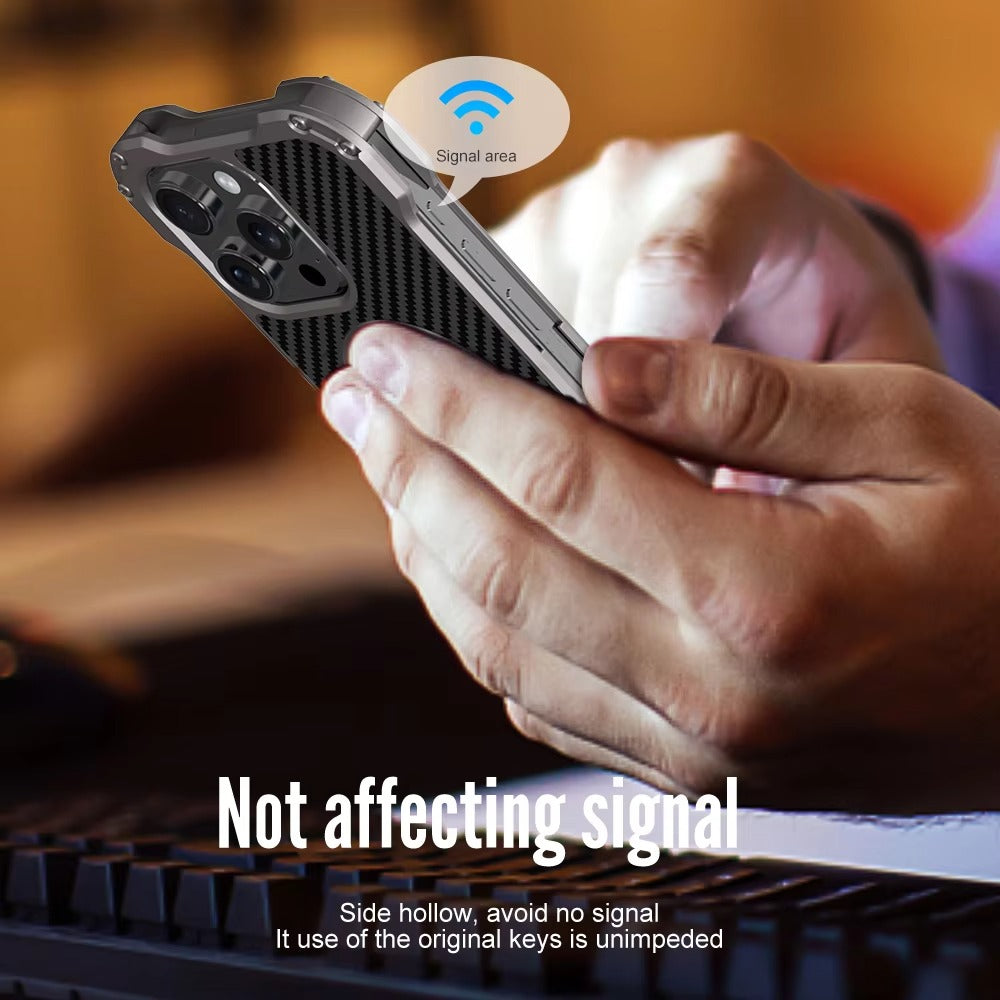 Rugged iPhone Case — Heavy-Duty Aluminum + Carbon Fiber Bumper Cover with Shockproof Design, Magnetic Heat-Dissipation Build and Lens Protector