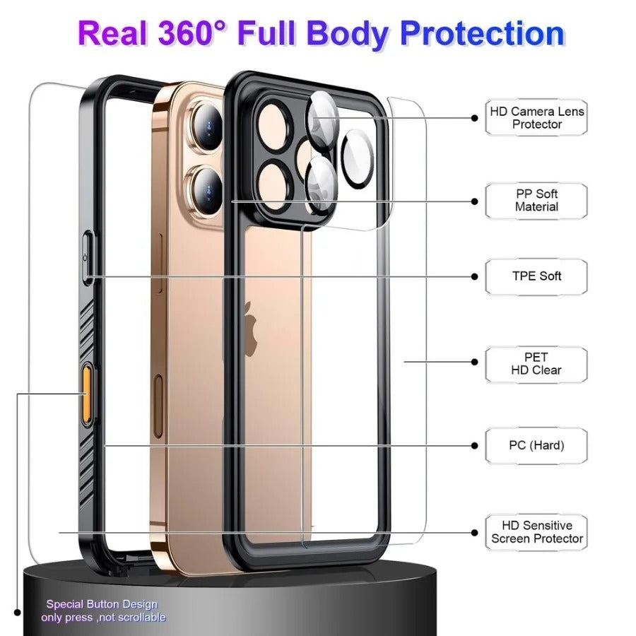 Rugged iPhone Case — IP68 Waterproof Full-Body Magnetic Cover with Built-In Screen Protector, Dual-Layer Drop Protection and 360° Dustproof Non-Slip Design