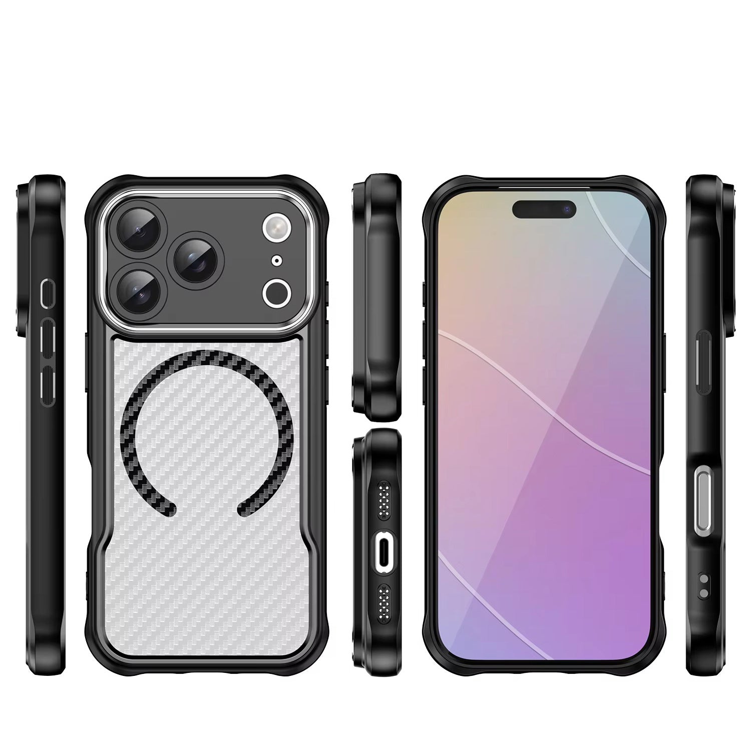 Rugged iPhone Case — MagSafe Carbon-Fiber Textured Shockproof Bumper Cover with Anti-Fingerprint Anti-Scratch Non-Slip Design
