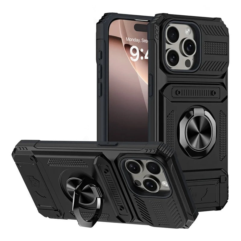 Rugged iPhone Case — Magnetic Wallet Cover with 360° Ring Kickstand, Dual-Layer Metal + TPU Protection, Hidden Card Slots and Heavy-Duty Drop-Resistant Design
