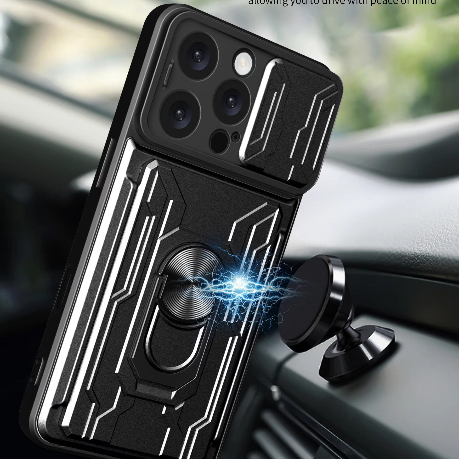 Rugged iPhone Case — Military-Grade Magnetic Bumper Cover with Slide Camera Protection, 360° Ring Kickstand, Card Slot Wallet Design and Shockproof PC+TPU Build