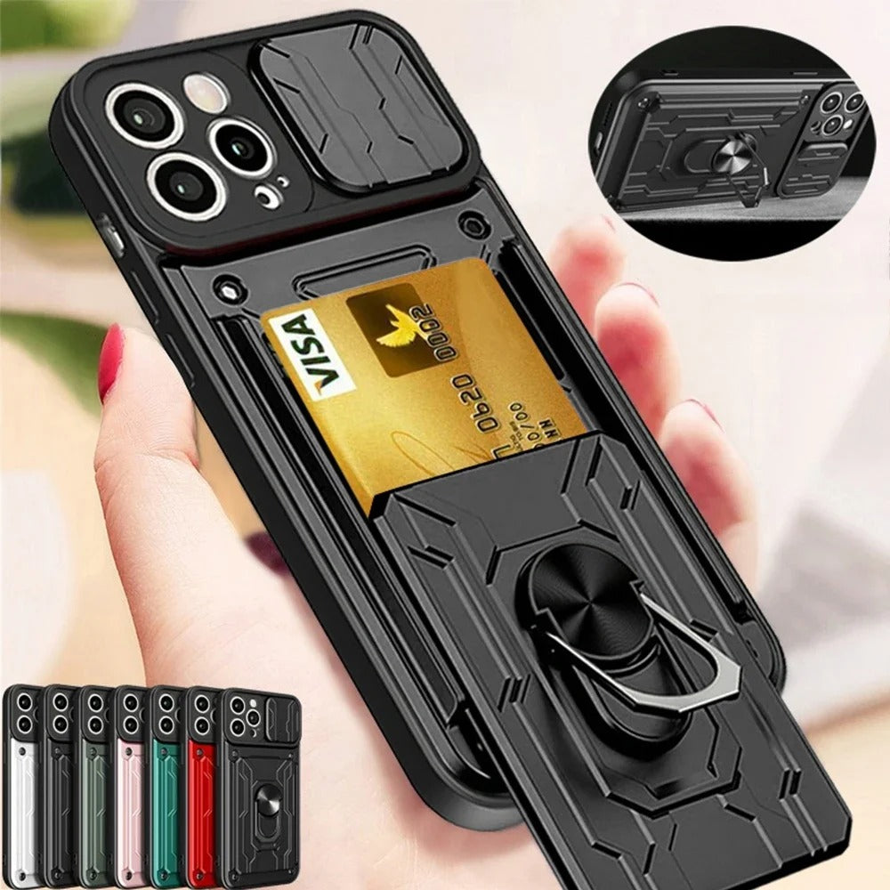 Rugged iPhone Case — Military-Grade Magnetic Bumper Cover with Slide Camera Protection, 360° Ring Kickstand, Card Slot Wallet Design and Shockproof PC+TPU Build