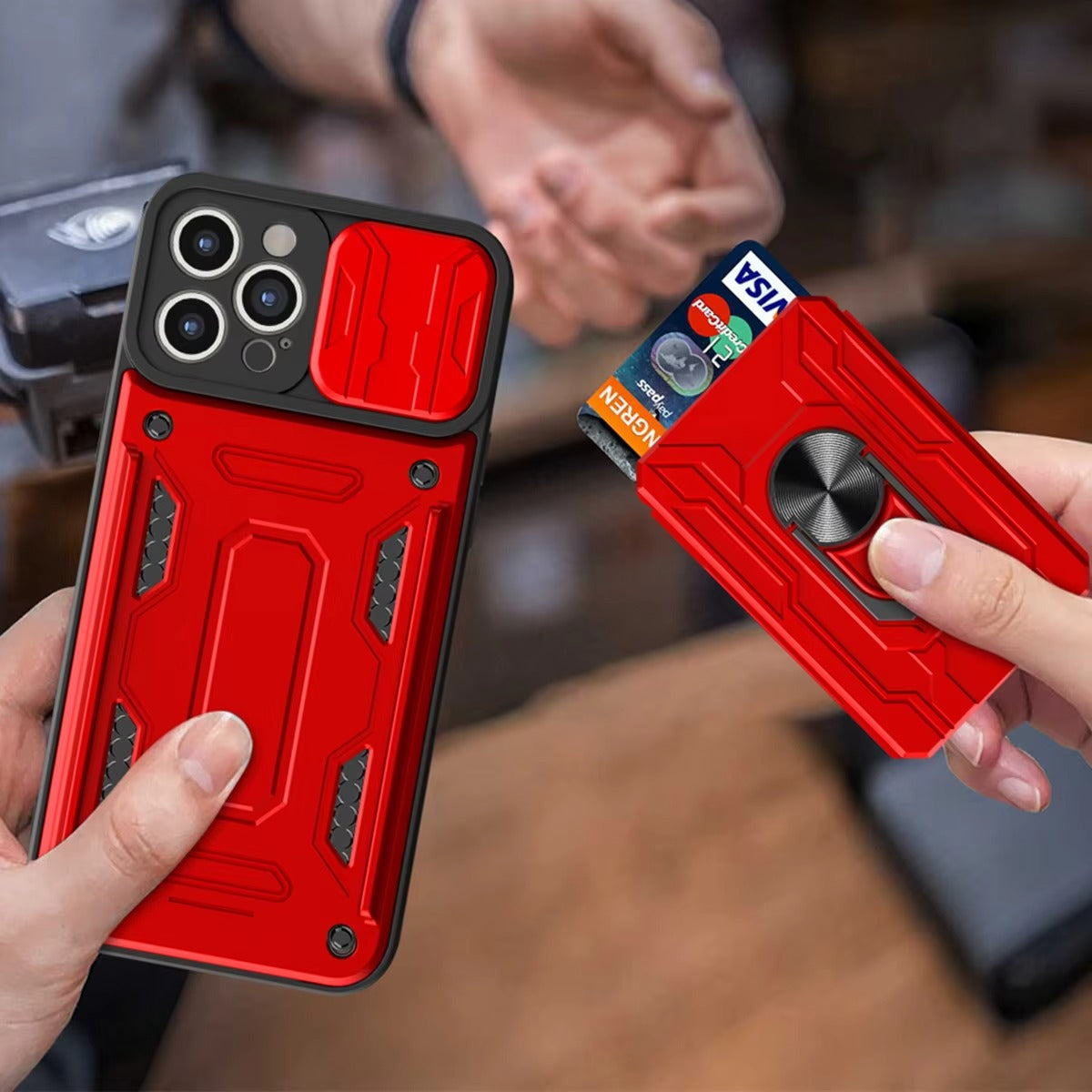 Rugged iPhone Case — Military-Grade Magnetic Bumper Cover with Slide Camera Protection, 360° Ring Kickstand, Card Slot Wallet Design and Shockproof PC+TPU Build