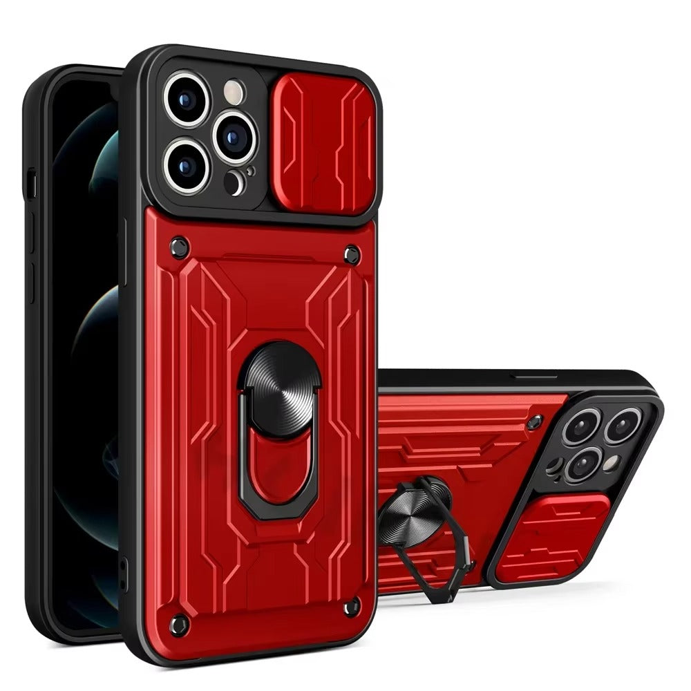 Rugged iPhone Case — Military-Grade Magnetic Bumper Cover with Slide Camera Protection, 360° Ring Kickstand, Card Slot Wallet Design and Shockproof PC+TPU Build