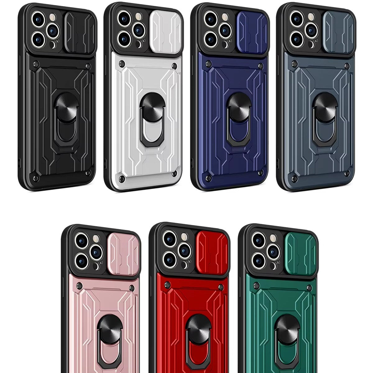 Rugged iPhone Case — Military-Grade Magnetic Bumper Cover with Slide Camera Protection, 360° Ring Kickstand, Card Slot Wallet Design and Shockproof PC+TPU Build