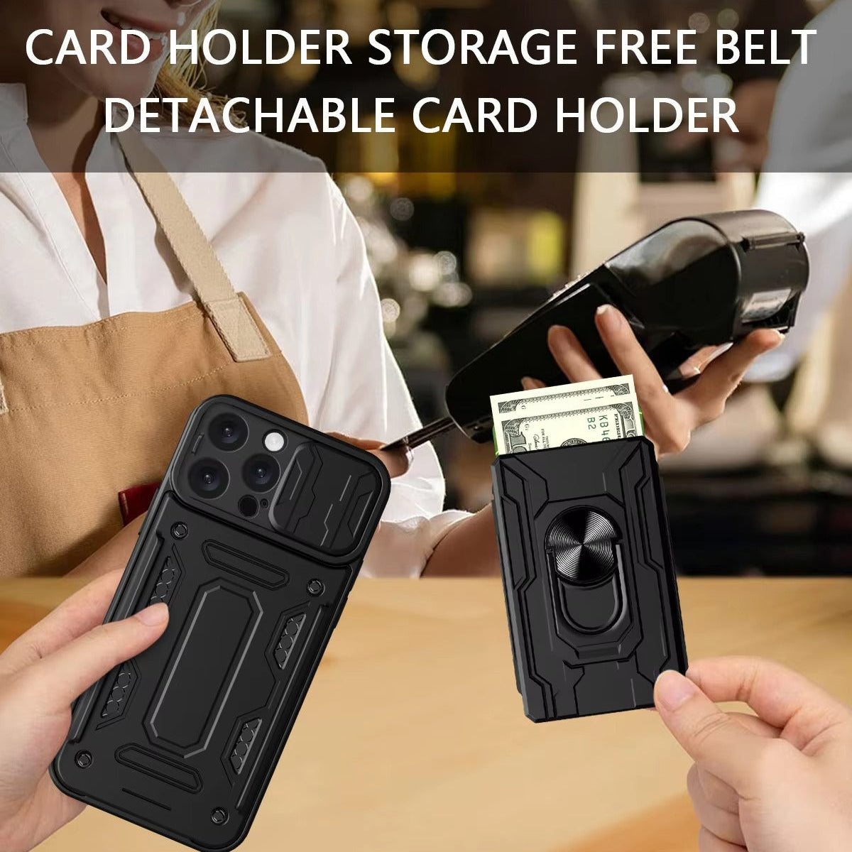 Rugged iPhone Case — Military-Grade Magnetic Bumper Cover with Slide Camera Protection, 360° Ring Kickstand, Card Slot Wallet Design and Shockproof PC+TPU Build