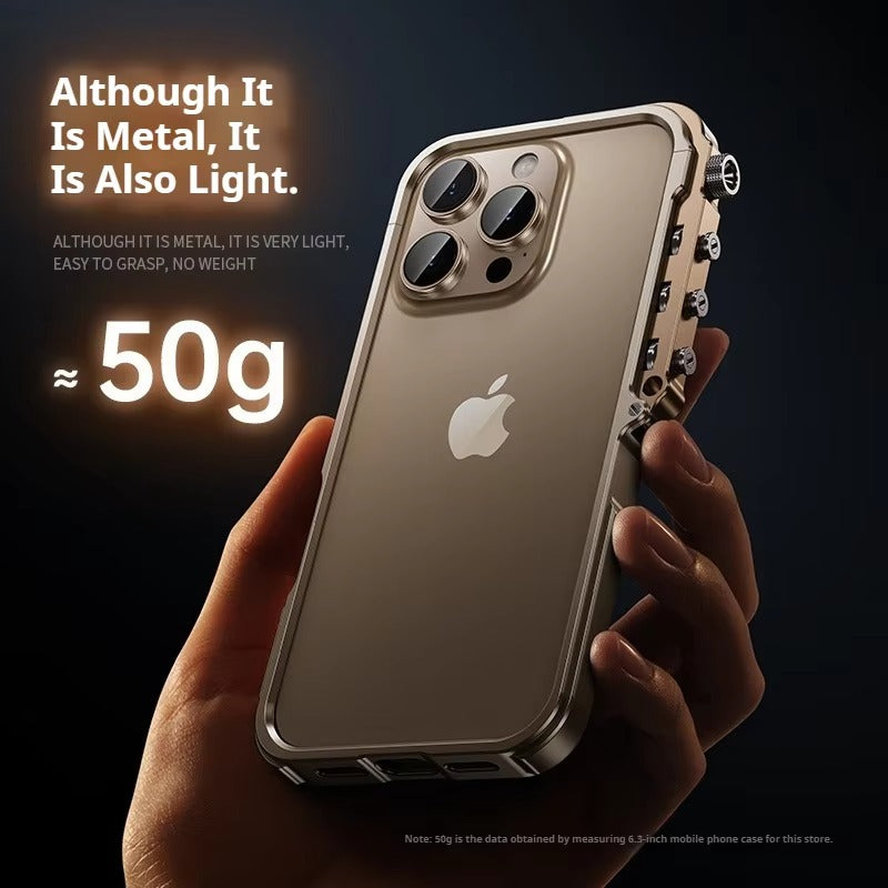 Rugged iPhone Case — Ultra-Light Aluminum Alloy Mecha Bumper with Military-Grade 360° Drop Protection, Shockproof Design and Lanyard Support
