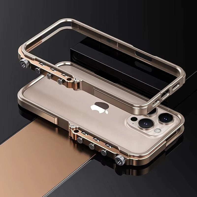 Rugged iPhone Case — Ultra-Light Aluminum Alloy Mecha Bumper with Military-Grade 360° Drop Protection, Shockproof Design and Lanyard Support