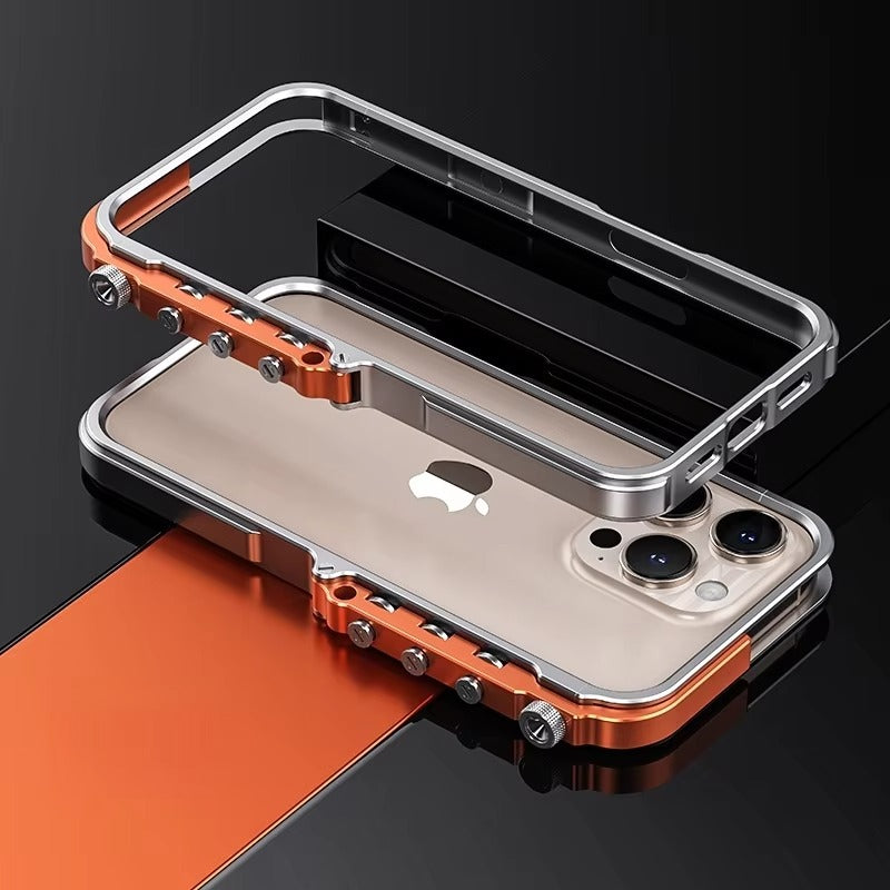 Rugged iPhone Case — Ultra-Light Aluminum Alloy Mecha Bumper with Military-Grade 360° Drop Protection, Shockproof Design and Lanyard Support